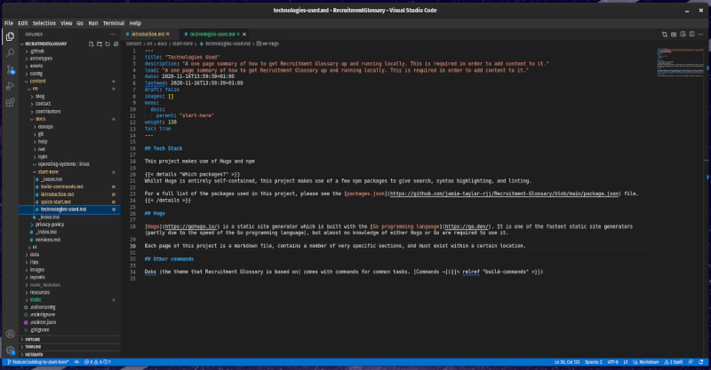 a screenshot of the Recruitment Glossary repository when loaded into Visual Studio Code. It shows that the content > en > docs > start-here directory is expanded, and the technologies-used.md file is selected in the file explorer. The majority of the image is taken up with the contents of the technologies-used.md file